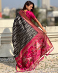 Premium Soft Silk Ikat Weave Pichwai Pallu Saree with Contrast Brocade Blouse