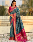 Premium Soft Silk Ikat Weave Pichwai Pallu Saree with Contrast Brocade Blouse