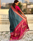 Premium Soft Silk Ikat Weave Pichwai Pallu Saree with Contrast Brocade Blouse
