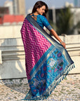 Premium Soft Silk Ikat Weave Pichwai Pallu Saree with Contrast Brocade Blouse