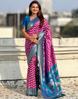 Premium Soft Silk Ikat Weave Pichwai Pallu Saree with Contrast Brocade Blouse