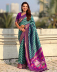 Premium Soft Silk Ikat Weave Pichwai Pallu Saree with Contrast Brocade Blouse