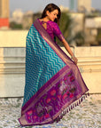Premium Soft Silk Ikat Weave Pichwai Pallu Saree with Contrast Brocade Blouse