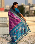 Premium Soft Silk Ikat Weave Pichwai Pallu Saree with Contrast Brocade Blouse