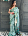 Sky Blue Assam Silk Floral Printed Saree with Zari Woven Border