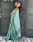 Sky Blue Assam Silk Floral Printed Saree with Zari Woven Border