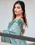 Sky Blue Assam Silk Floral Printed Saree with Zari Woven Border