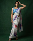 Blue Fendy Satin Floral Printed Saree with Handwork Embroidery and Cutwork Aari Border