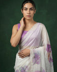 Lavender Fendy Satin Floral Printed Saree with Handwork Embroidery and Cutwork Aari Border