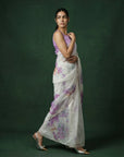 Lavender Fendy Satin Floral Printed Saree with Handwork Embroidery and Cutwork Aari Border