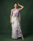 Lavender Fendy Satin Floral Printed Saree with Handwork Embroidery and Cutwork Aari Border