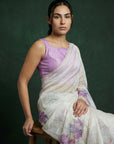 Lavender Fendy Satin Floral Printed Saree with Handwork Embroidery and Cutwork Aari Border