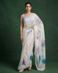 Sky Fendy Satin Floral Printed Saree with Handwork Embroidery and Cutwork Aari Border