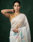 Yellow Fendy Satin Floral Printed Saree with Handwork Embroidery and Cutwork Aari Border