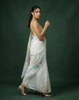 Yellow Fendy Satin Floral Printed Saree with Handwork Embroidery and Cutwork Aari Border