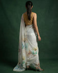 Yellow Fendy Satin Floral Printed Saree with Handwork Embroidery and Cutwork Aari Border
