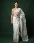 Yellow Fendy Satin Floral Printed Saree with Handwork Embroidery and Cutwork Aari Border