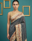Black Soft Tussar Silk Saree Bandhani Floral Print Zari Border Traditional Saree With Blouse
