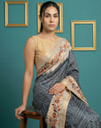 Black Soft Tussar Silk Saree Bandhani Floral Print Zari Border Traditional Saree With Blouse