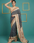 Black Soft Tussar Silk Saree Bandhani Floral Print Zari Border Traditional Saree With Blouse