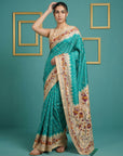 Rama Soft Tussar Silk Saree Bandhani Floral Print Zari Border Traditional Saree With Blouse