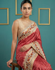 Red Soft Tussar Silk Saree Bandhani Floral Print Zari Border Traditional Saree With Blouse