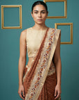 Rust Soft Tussar Silk Saree Bandhani Floral Print Zari Border Traditional Saree With Blouse
