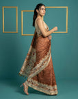 Rust Soft Tussar Silk Saree Bandhani Floral Print Zari Border Traditional Saree With Blouse