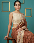 Rust Soft Tussar Silk Saree Bandhani Floral Print Zari Border Traditional Saree With Blouse