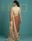 Rust Soft Tussar Silk Saree Bandhani Floral Print Zari Border Traditional Saree With Blouse