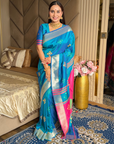Rama Soft Silk Ikkat Patola Saree with Meenakari Motifs Peacock Pallu and Gold Zari Border