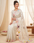 Cream Original Glass Tissue Saree Designer Party Wear Saree With Multi Thread Embroidery Handwork Border Wedding Festive Saree