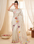 Cream Original Glass Tissue Saree Designer Party Wear Saree With Multi Thread Embroidery Handwork Border Wedding Festive Saree