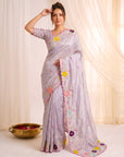 Lavender Original Glass Tissue Saree Designer Party Wear Saree With Multi Thread Embroidery Handwork Border Wedding Festive Saree