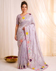 Lavender Original Glass Tissue Saree Designer Party Wear Saree With Multi Thread Embroidery Handwork Border Wedding Festive Saree