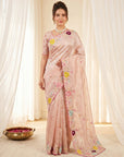 Peach Original Glass Tissue Saree Designer Party Wear Saree With Multi Thread Embroidery Handwork Border Wedding Festive Saree