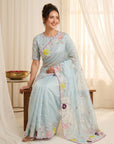 Sky Original Glass Tissue Saree Designer Party Wear Saree With Multi Thread Embroidery Handwork Border Wedding Festive Saree