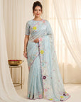 Sky Original Glass Tissue Saree Designer Party Wear Saree With Multi Thread Embroidery Handwork Border Wedding Festive Saree