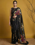 Fendy Satin Floral Printed Saree with Handwork Embroidery and Cutwork Aari Border