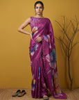 Fendy Satin Floral Printed DarkPink Saree with Handwork Embroidery and Cutwork Aari Border