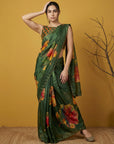 Fendy Satin Floral Printed Green Saree with Handwork Embroidery and Cutwork Aari Border