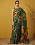 Fendy Satin Floral Printed Green Saree with Handwork Embroidery and Cutwork Aari Border