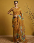 Fendy Satin Floral Printed Mustard Saree with Handwork Embroidery and Cutwork Aari Border