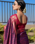 Navy Blue Soft Kashmiri Silk Zari Woven Contrast Saree