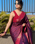 Navy Blue Soft Kashmiri Silk Zari Woven Contrast Saree
