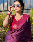 Navy Blue Soft Kashmiri Silk Zari Woven Contrast Saree