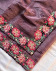 Wine Pure Crush Silk Multicolor Floral Designer Embroidered Saree