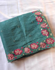 Teal Blue Pure Crush Silk Multicolor Floral Designer Embroidered Saree