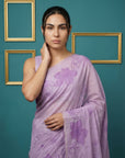 Lavender Soft Muga Cotton Saree with Resham Weaving Butties & Floral Pencil Art Pallu