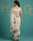White Soft Muga Cotton Saree with Resham Weaving Butties & Floral Pencil Art Pallu